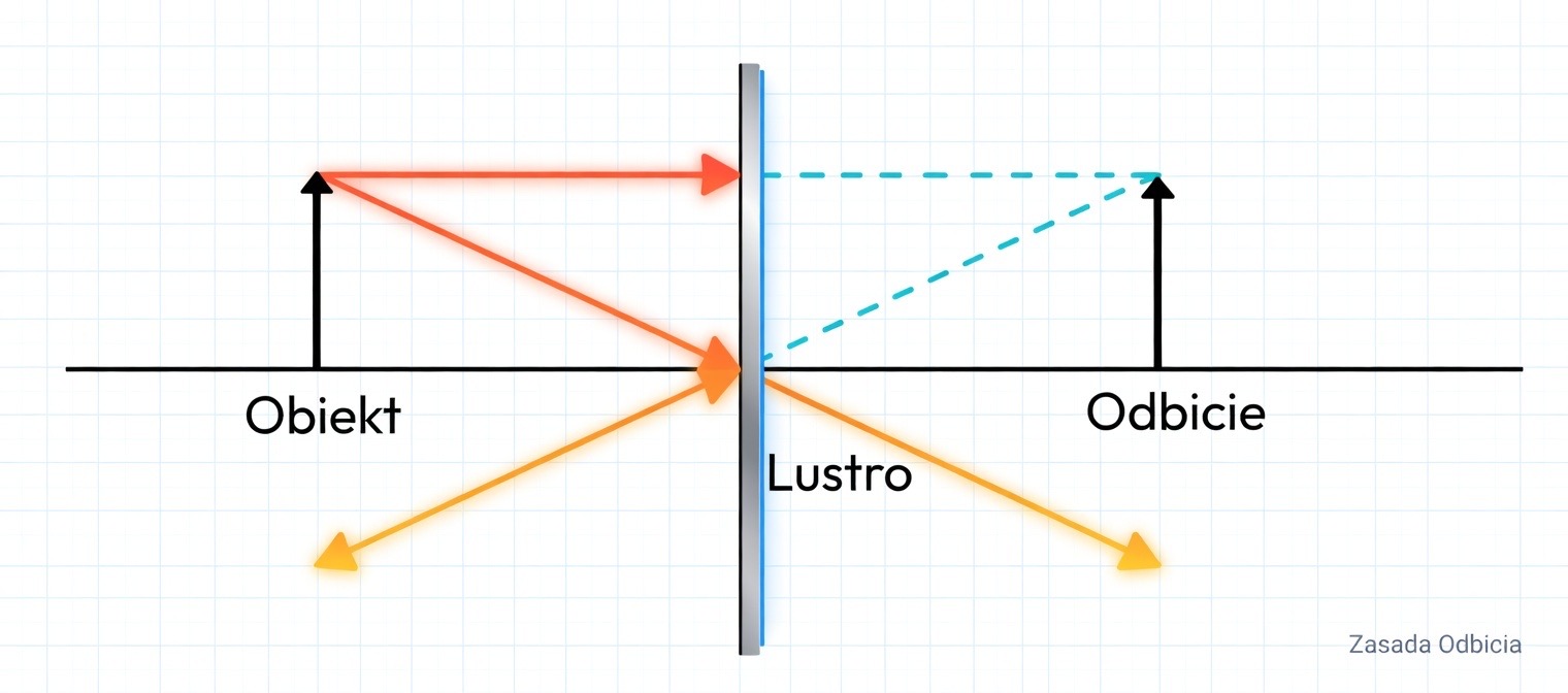 Schemat powstawania obrazu w zwierciadle płaskim — obiekt, lustro, odbicie